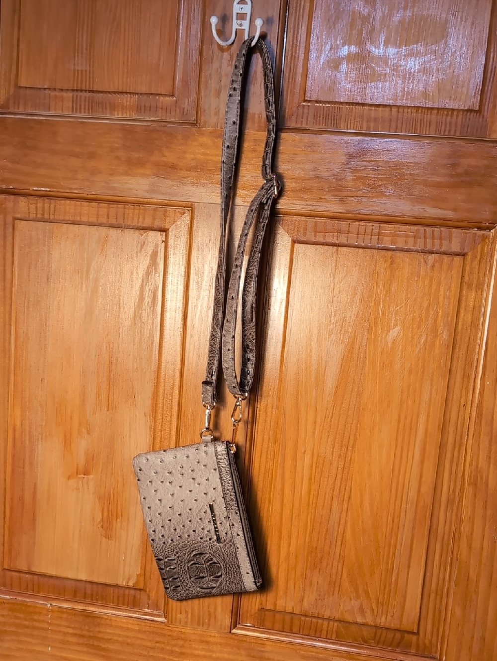 Small Beige Crossbody Wallet Clutch Bag - Textured Finish Faux Ostrich Texture